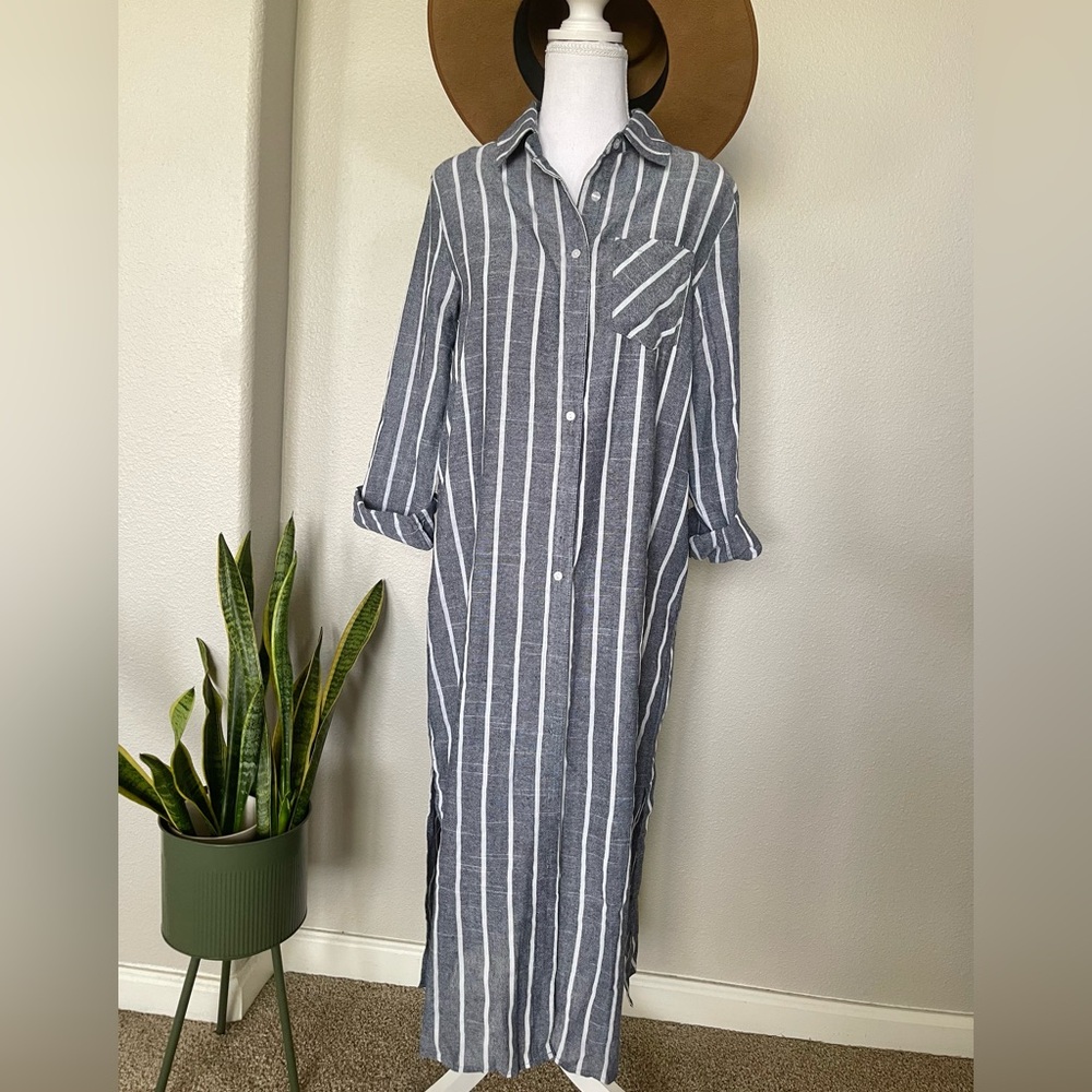 New - Striped Blue & White Sheer Swim Cover Up / Kimono / Button Up Shirt Dress - Picture 3 of 14